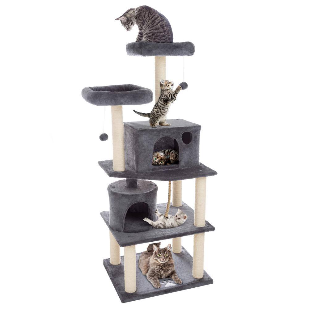 Pet Trex Dark Gray 5-Tier Cat Tower with 8 Scratching Posts, 2 Cat Condos, Hanging Toys, and 2 Perches for Kittens or Cats