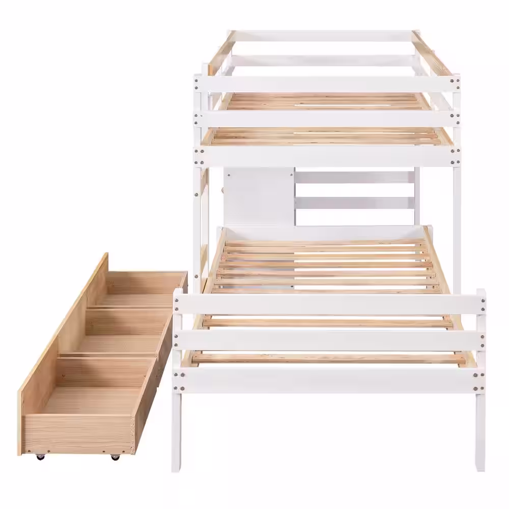 Harper & Bright Designs Natural Twin over Twin Wood Bunk Bed with 6- Drawer, Built-in Ladder and Full-Length Guardrails for Upper Bed