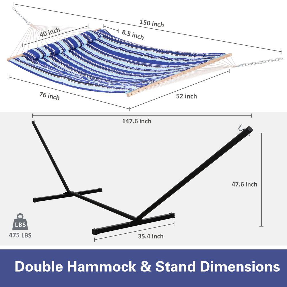 Atesun 10 ft. x 12 ft. Quilted Rope Hammock and 12 ft. Steel Stand with Detachable Pillow, Blue Stripe