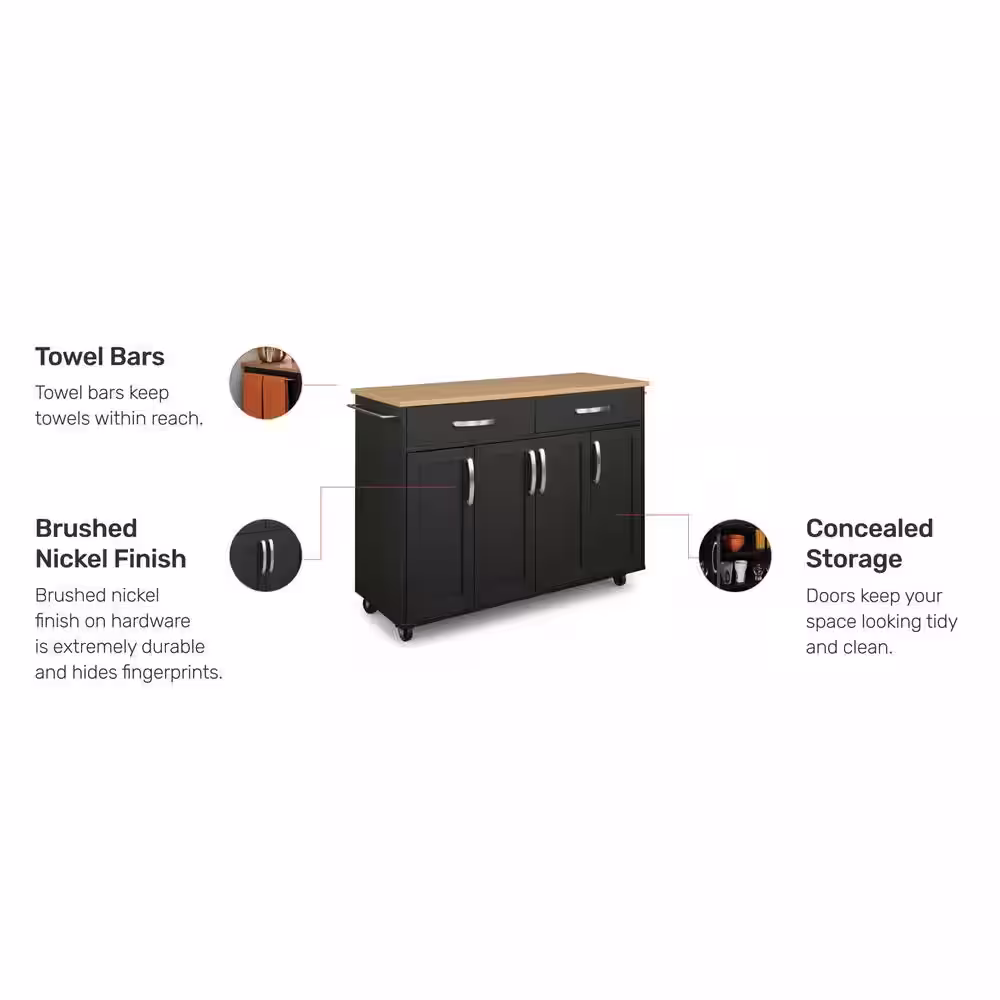 HOMESTYLES Brookshire Black Kitchen Cart with Natural Wood Top