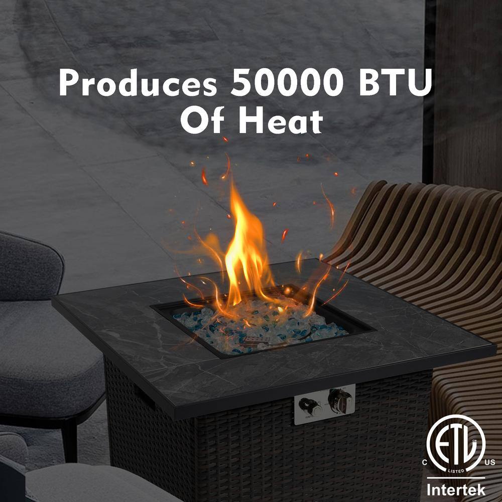 SUNRINX Brown Square Steel 30 in. 40000 BTU Propane Fire Pit Table with Glass Rocks and Rain Cover