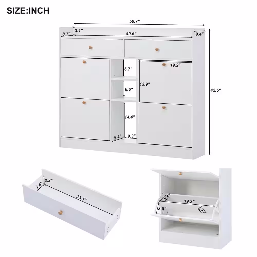 Harper & Bright Designs 42.5 in. H x 50.7 in. W White Wood Shoe Storage Cabinet with 4 Flip Drawers, 2 Storage Drawers and an Adjustable Shelf