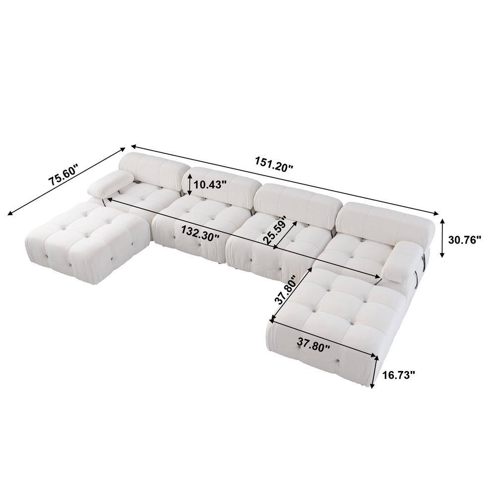 J&E Home 151.2 in. W Round Arm U-Shaped 6-Seater Velvet Free Combination Sofa with Ottoman in Beige