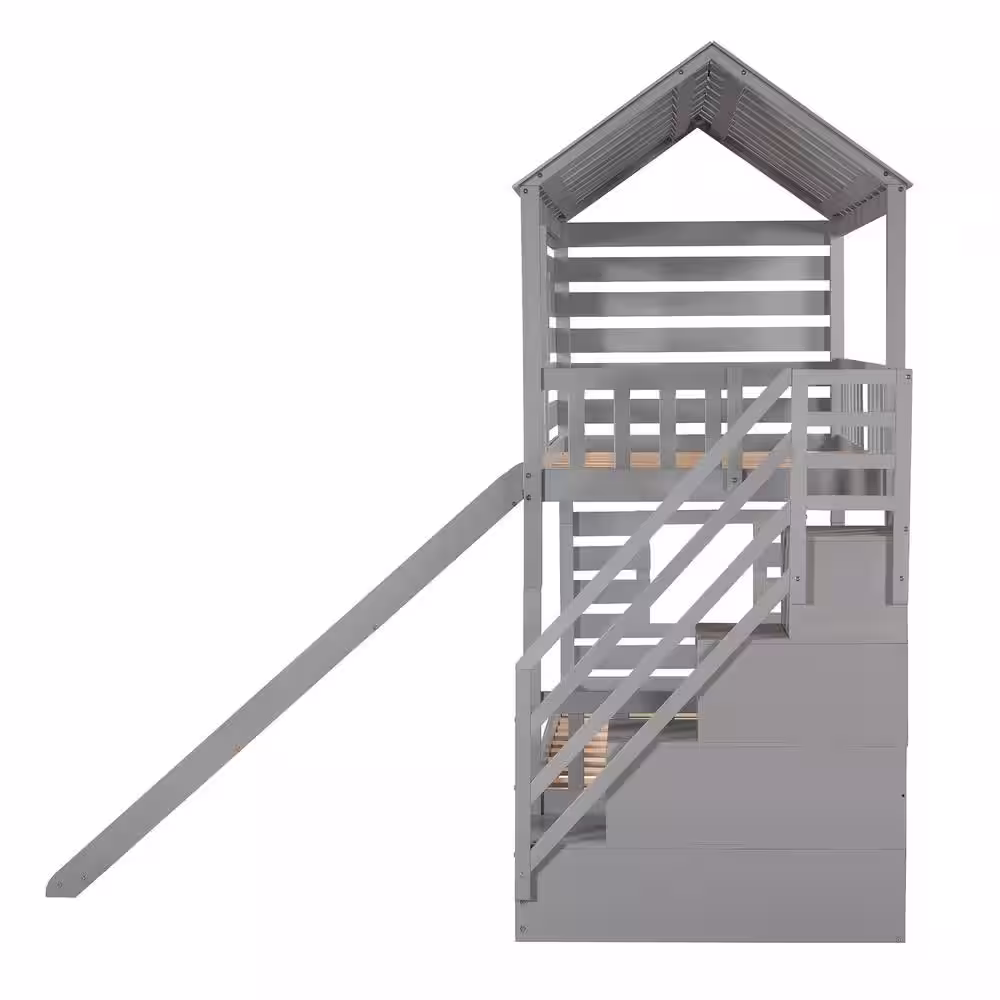 Qualler Gray Twin Over Twin House Bunk Bed With Trundle and Slide