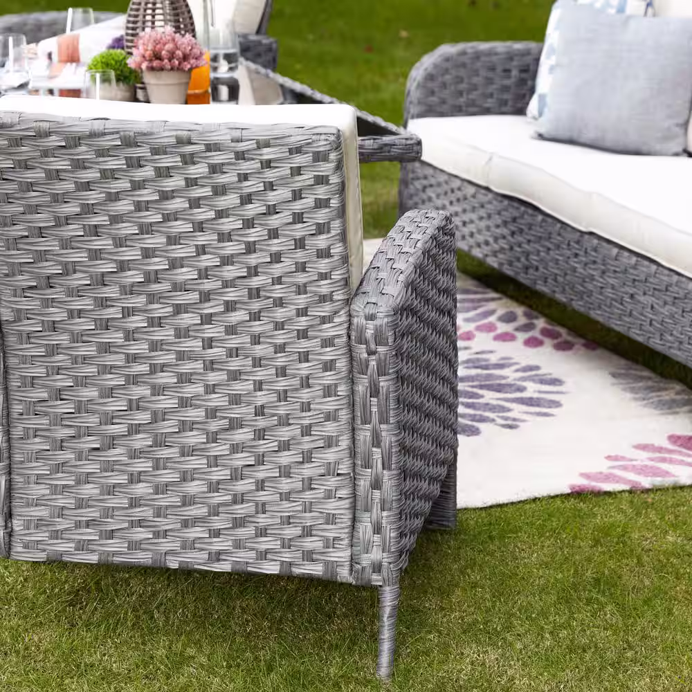 Patio Festival 6-Piece Wicker Patio Conversation Seating Set with Beige Cushions