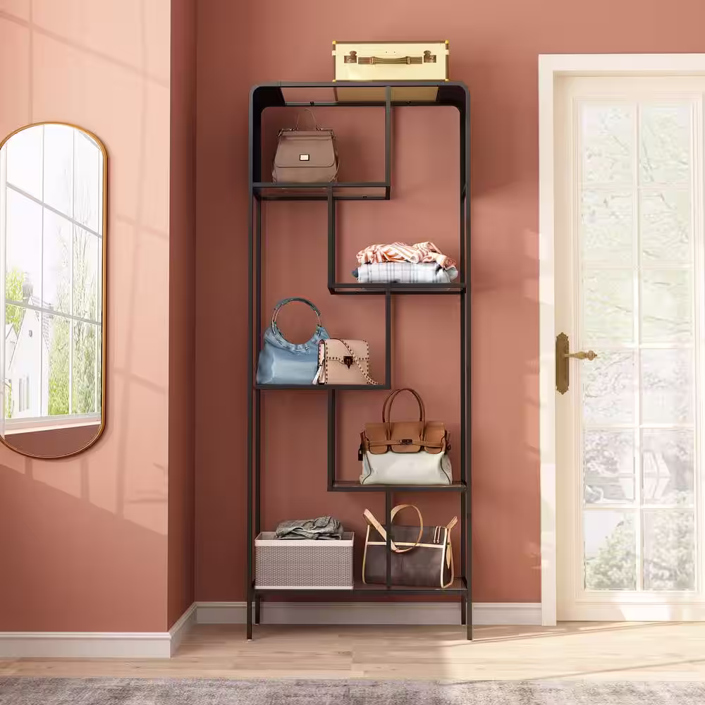 None 31.5 in. W x 78.9 in. H x 11.8 in. D 6 Glass Shelves Metal Freestanding Cabinet in Black