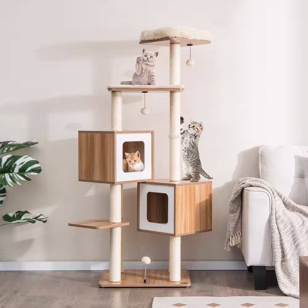 ANGELES HOME 64-1/2 in. H Natural Wood Cat Tree with Condos, Scratching Post, Removable Cushions