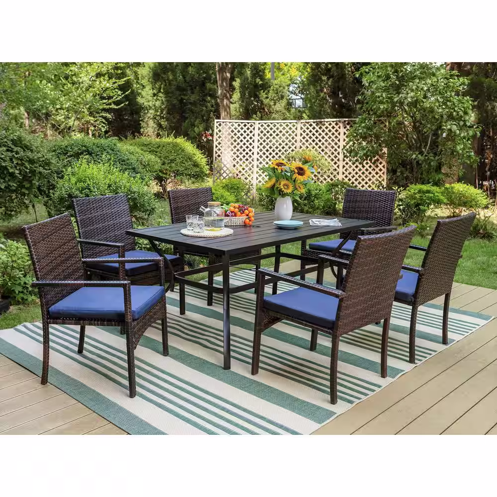 None 7-Piece Metal Patio Outdoor Dining Set with Rectangle Slat Table and Rattan Chair with Blue Cushion