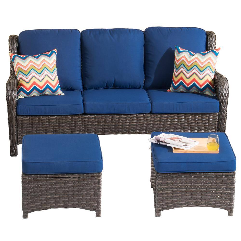 XIZZI Erie Lake Brown 8-Piece Wicker Patio Conversation Seating Sofa Set with Navy Blue Cushions and Swivel Rocking Chairs