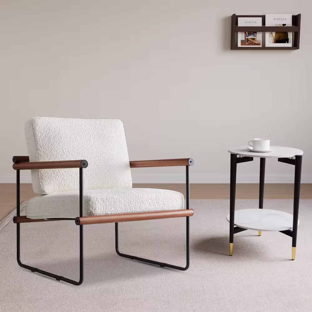 GOJANE 16.7 in. White Round Slate Stone Coffee Table and Single Upholstered Armchair with 3 Pieces