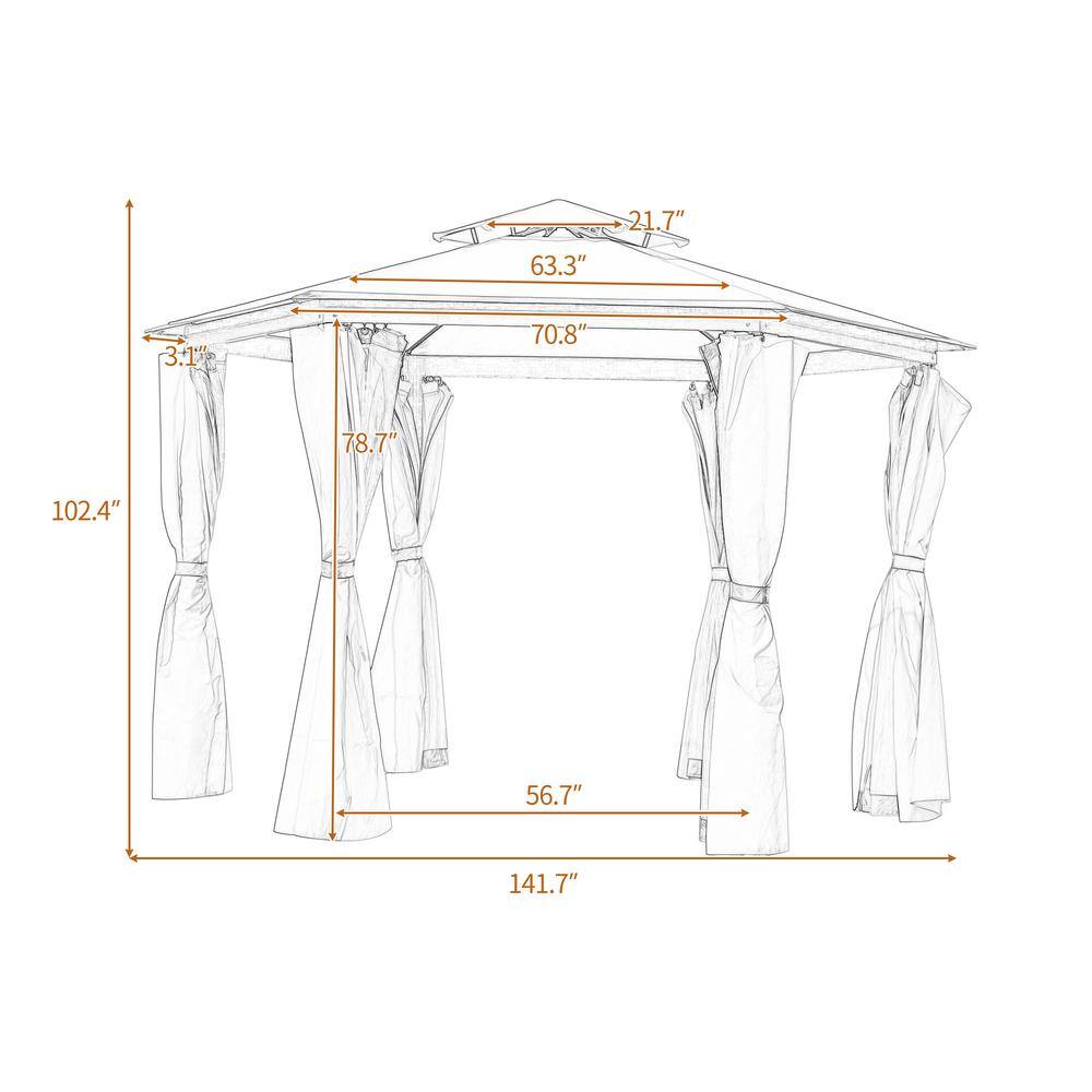 None 11.8 ft. W x 10.2 ft. D Aluminum Patio Outdoor Gazebo, Double Roof Soft Canopy with Mosquito Netting Suitable in Khaki