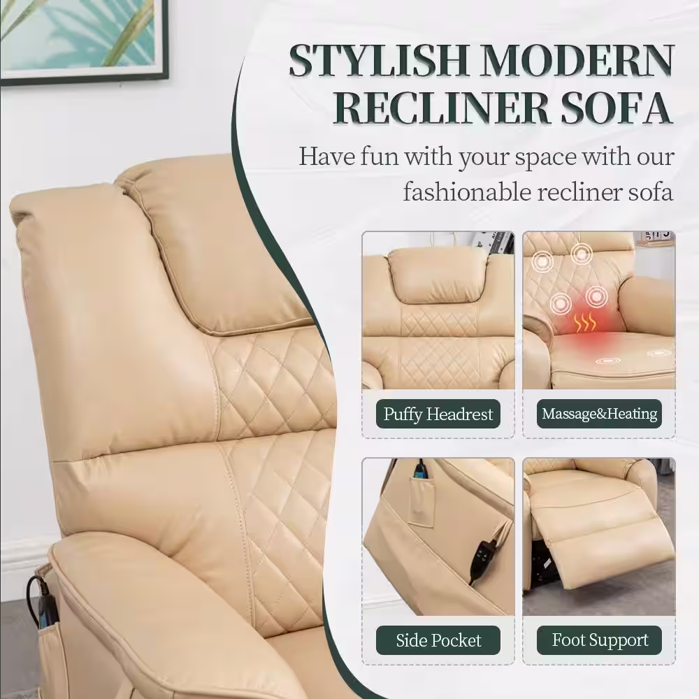 aisword Exclusive Big and Tall Faux Leather Power Lift Recliner Chair with Massage,Heating System - Beige Plus Yellow