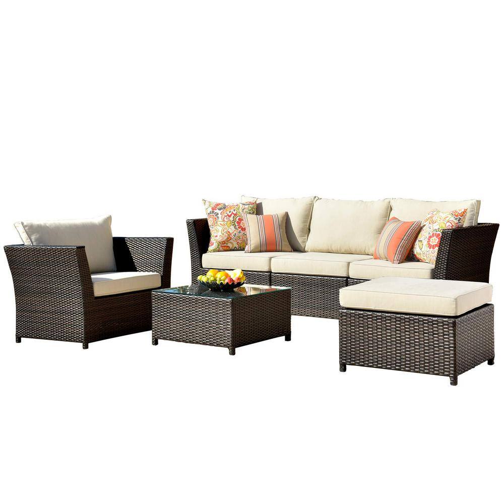 OVIOS Rimaru 6-Piece Wicker Outdoor Patio Conversation Seating Set with Beige Cushions