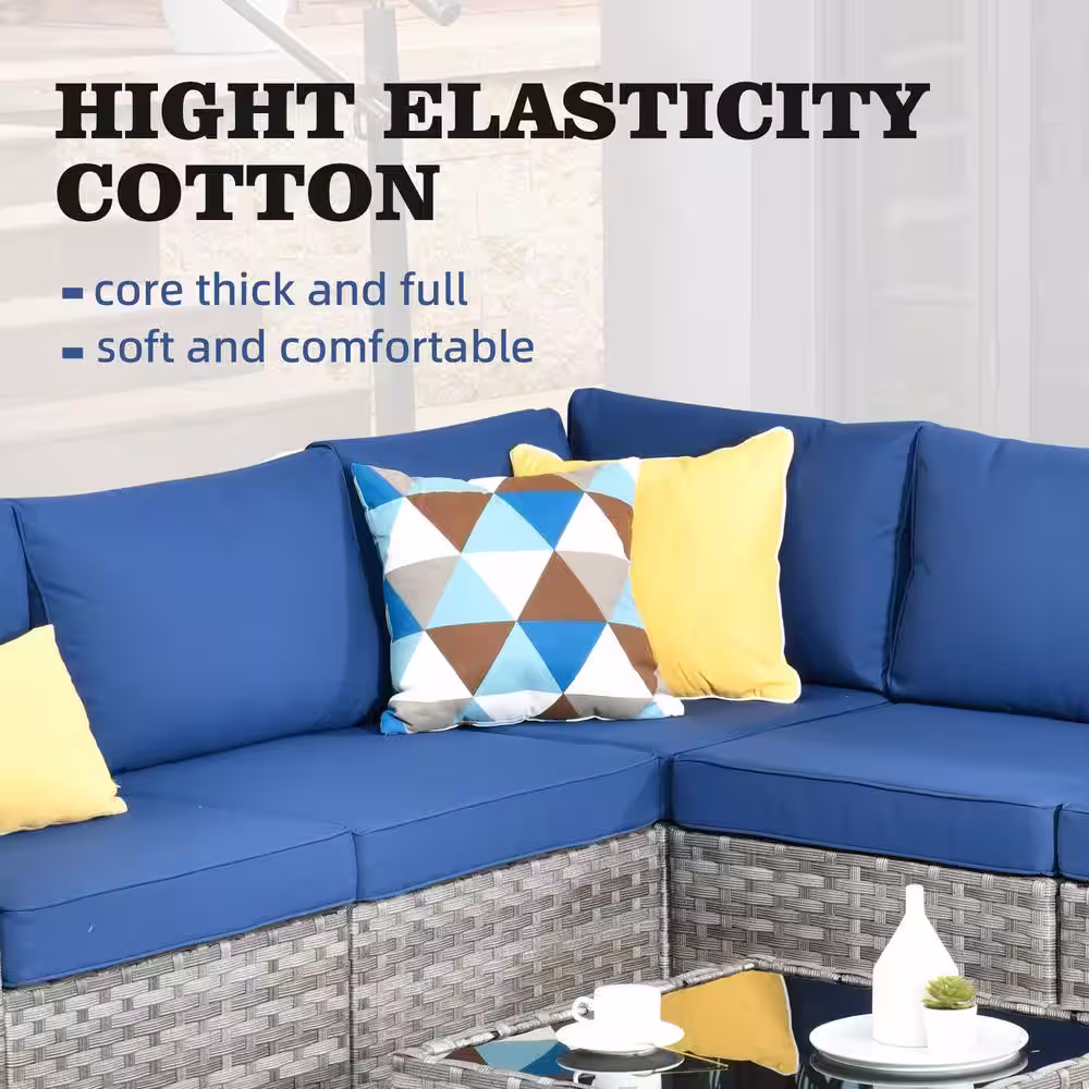 OVIOS Marvel Gray 6-Piece Wicker Wide Arm Patio Conversation Set with Navy Blue Cushions