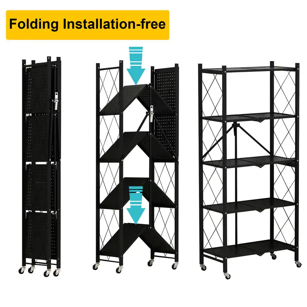 FUFU&GAGA 64.3 in. H Black Metal 10-Shelf Freestanding Standard Bookcase Foldable Metal Shelf Shelving Unit With Wheels