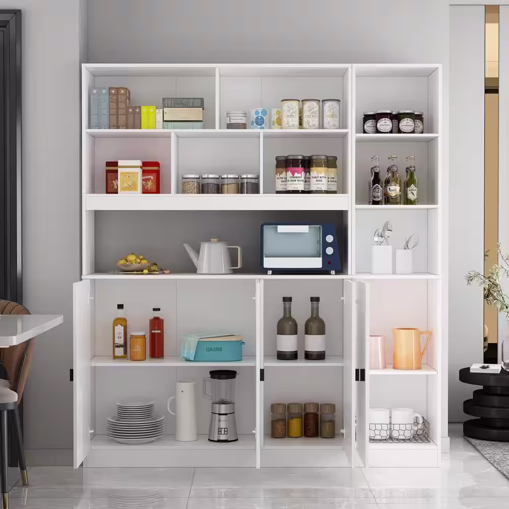 None 2-in-1 White Wood Buffet and Hutch Combination Cabinet with Doors Shelves (62.8 in. W x 12.2 in. D x 70.9 in. H)