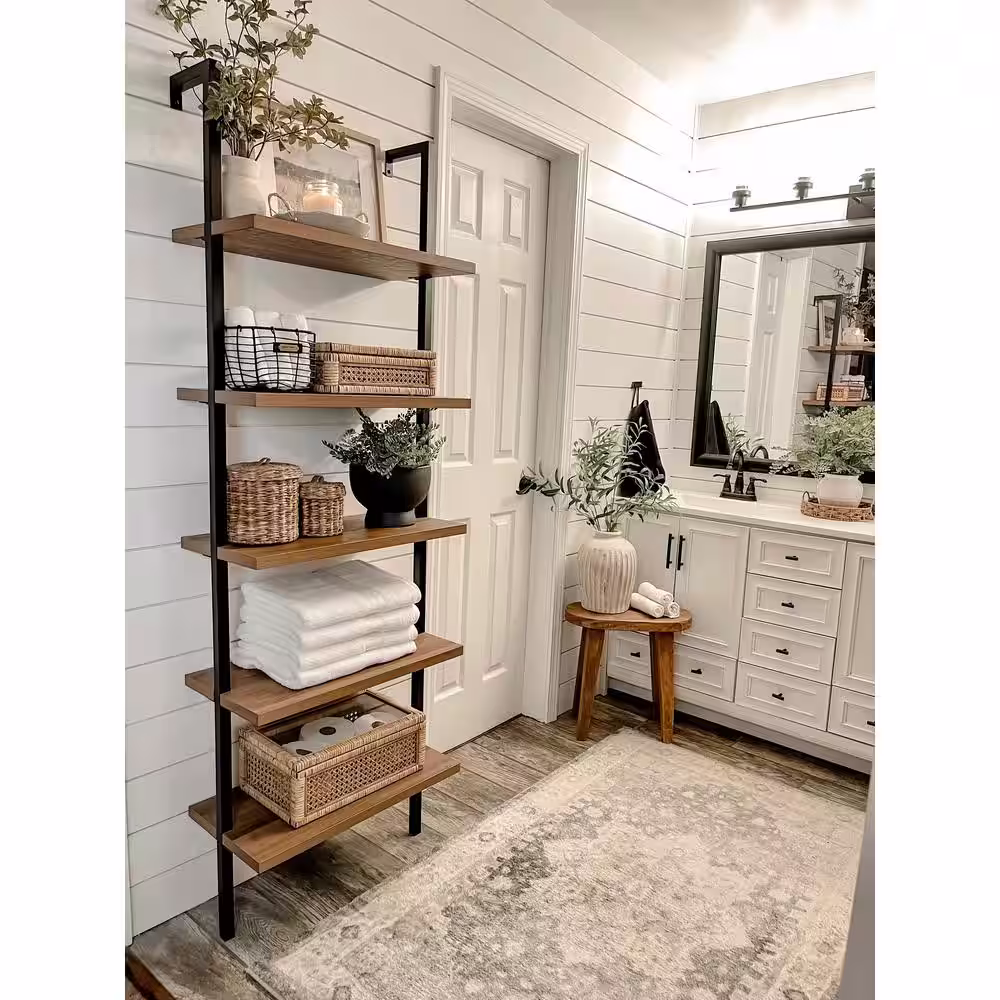 Nathan James Theo 73 in. Matte Black Reclaimed Oak Wood 5-Shelf Ladder Bookcase with Black Metal Frame