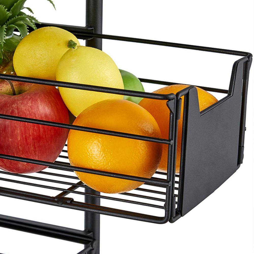 None Walnut Wood Rolling 4-Tier 4-Wheeled Metal Wire Baskets Stand Cart in Black