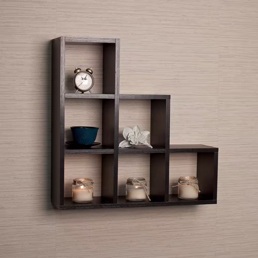 DANYA B Contempo 19 in. W x 19 in. H Black MDF Stepped Six Cubby Decorative Wall Shelf