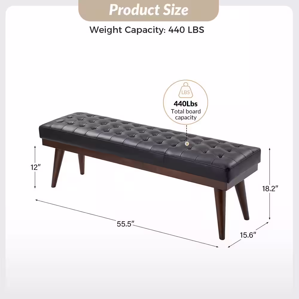 JAYDEN CREATION Paula 55.5 in. Wide Black Genuine Leather Bedroom Bench with Solid Wood Base