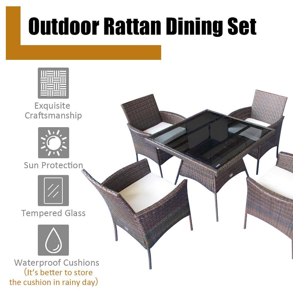 Costway 5-Piece Wicker Patio Rattan Dining Furniture Set Armrest Sofa Chair Glass Table