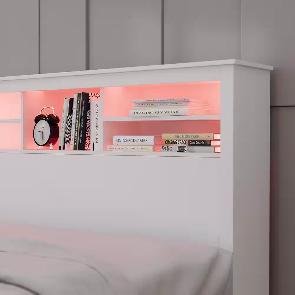 FUFU&GAGA Full Queen White Wood Headboard Shelf With 5-Shelves and LED Lights