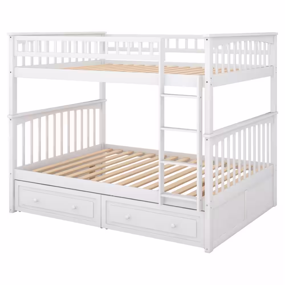 Harper & Bright Designs White Full Over Full Wood Bunk Bed with 2-Drawers