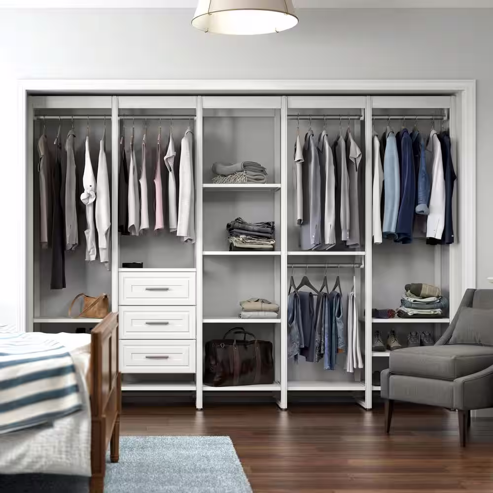 CLOSETS By LIBERTY 113 in. W White Adjustable Tower Wood Closet System with 3 Drawers and 19 Shelves
