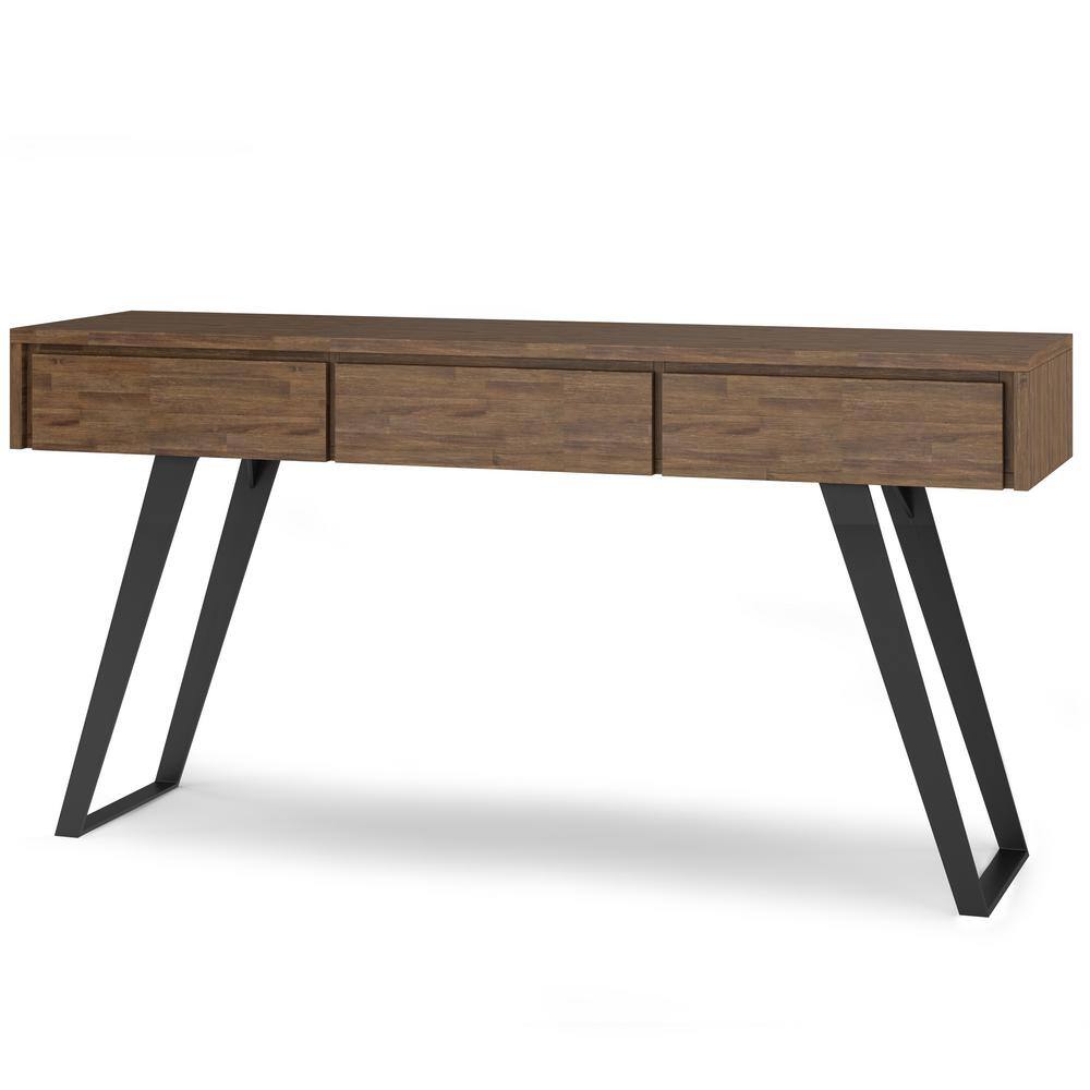 Simpli Home LowrySolidAcacia Wood,Metal 60 in.Wide Modern Industrial Console Sofa Table in Rustic Natural Aged Brown Rectangle