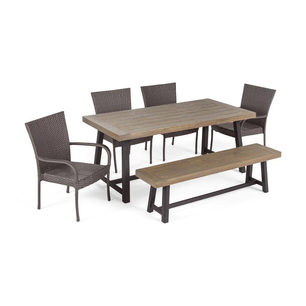 Noble House Baxley Sandblast Grey 6-Piece Wood and Grey Faux Rattan Outdoor Dining Set