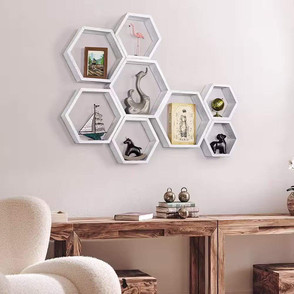 None Hexagon Floating Shelves Honeycomb Shelves for Wall, White Set of 8