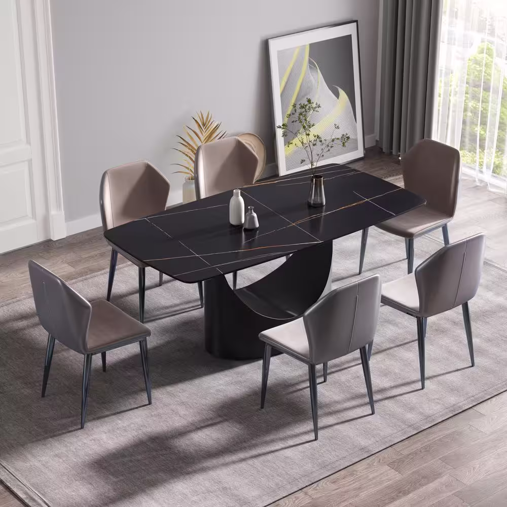 J&E Home 70.86 in. Black Rectangle Sintered Stone Tabletop Dining Table with Carbon Steel (Seats 6)