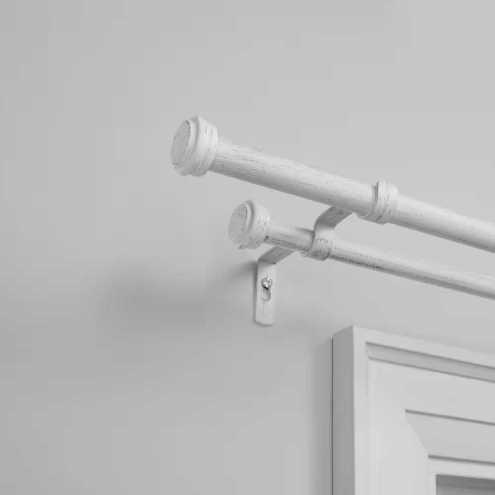 EXCLUSIVE HOME Topper Double 36 in. - 72 in. Adjustable 3/4 in. Double Curtain Rod Kit in Distressed White with Finial