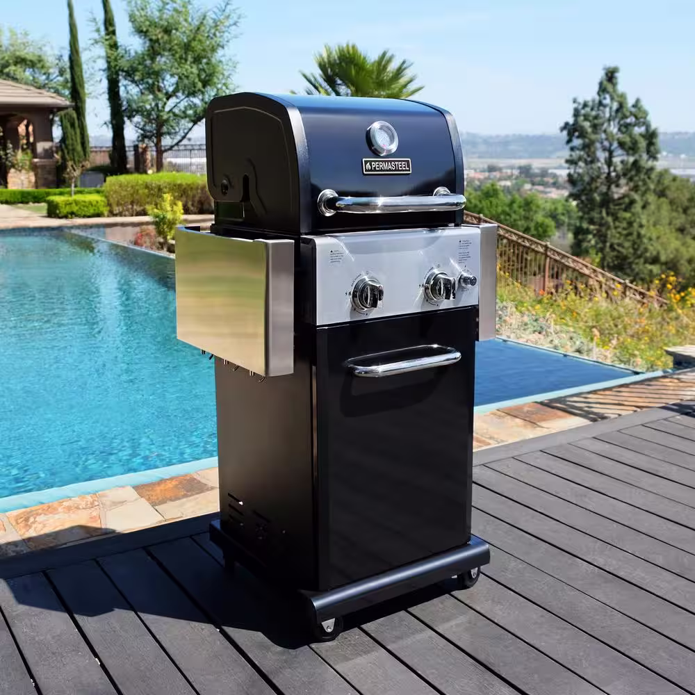 PERMASTEEL 2-Burner Pedestal Propane Gas Grill in Black With Folding Side Shelves