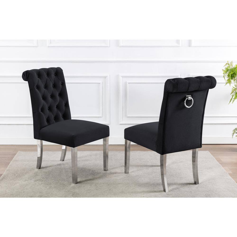 None Andy Black Velvet Stainless Steel Dining Chairs (Set of 2)