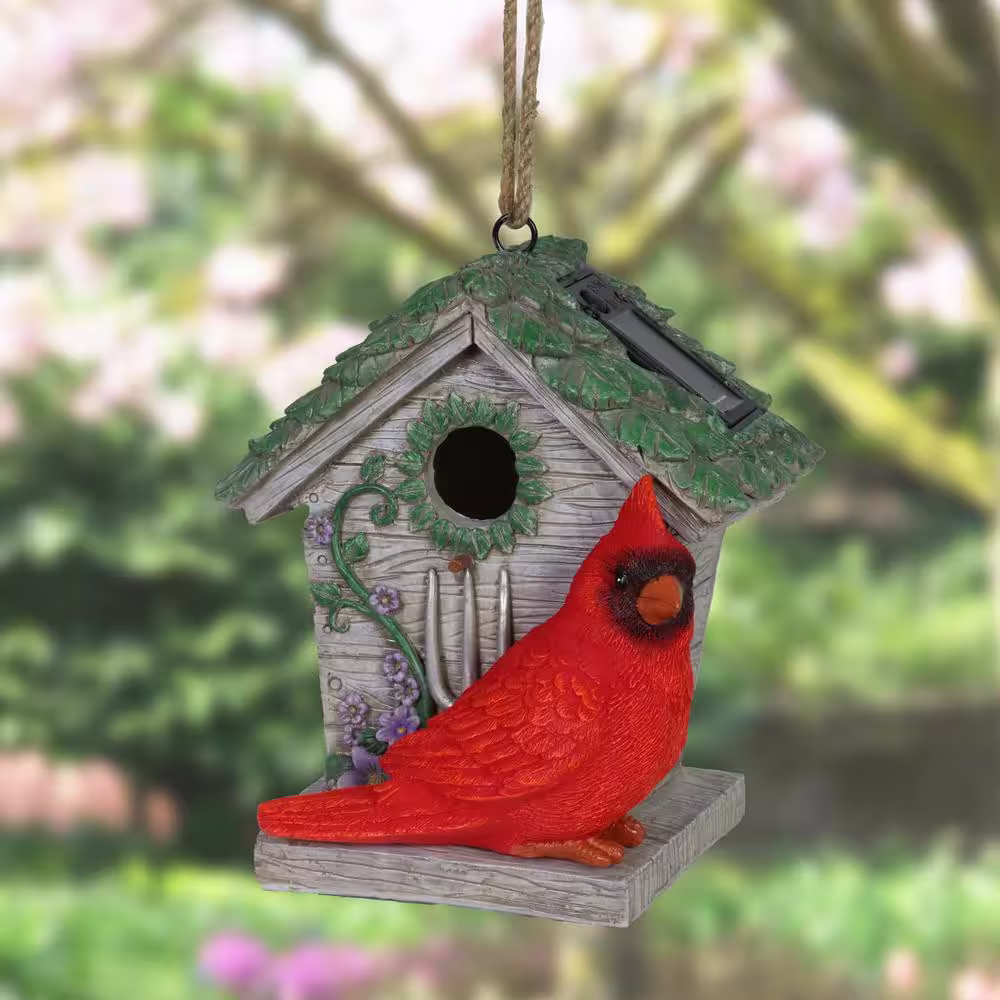Exhart 6 in. x 8 in. Solar Cardinal Hanging Resin Birdhouse