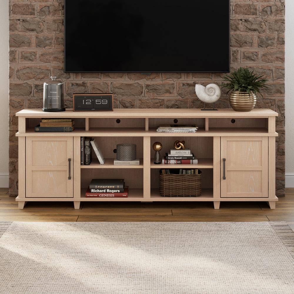 None Bridgevine Home 86 in. No Assembly Required Fruitwood Finish Solid Wood TV Stand, Fits TVs up to 95 in.