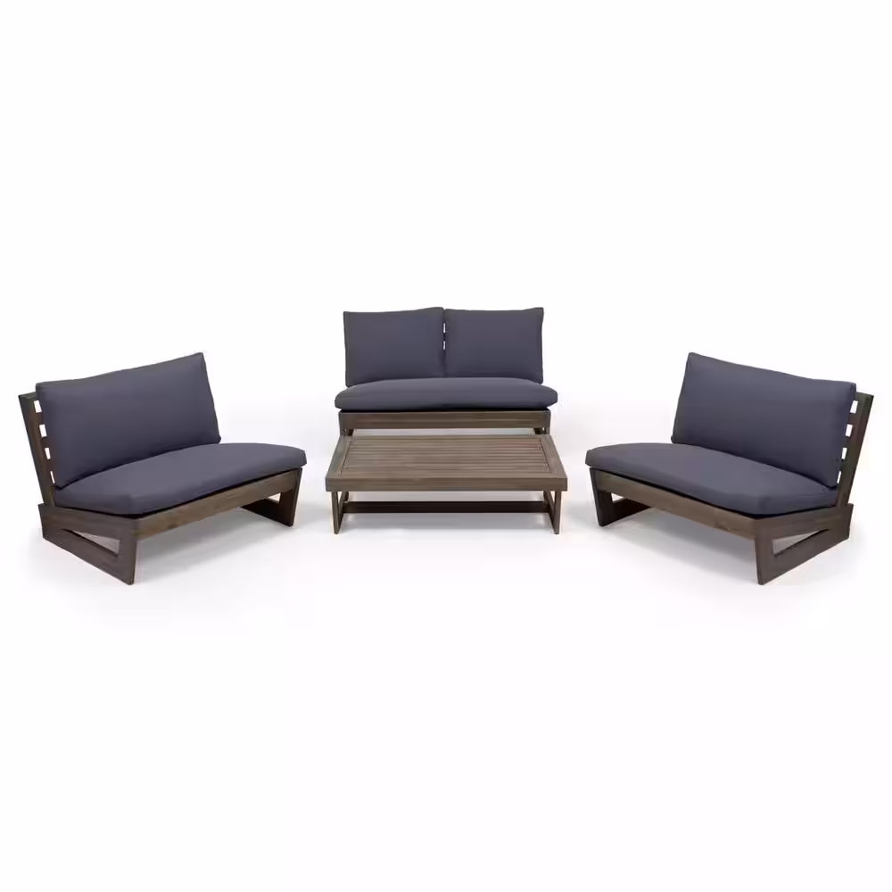 Noble House Sherwood Grey 4-Piece Wood Patio Conversation Set with Dark Grey Cushions