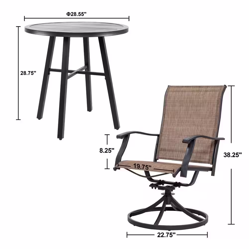 Nuu Garden 3-Piece Steel Round Outdoor Patio Bistro Set in Brown