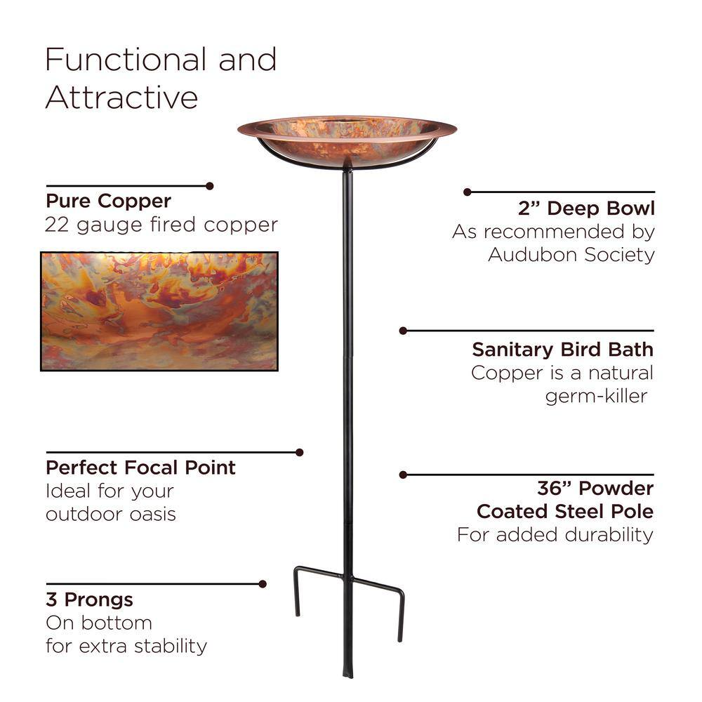 Good Directions Pure Copper Birdbath, Featuring a Hand-Applied Fired Finish and a Multi-Pronged Garden Pole