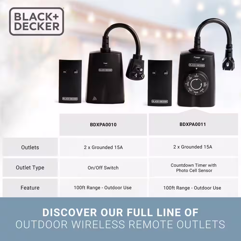 BLACK+DECKER Outdoor Wireless Outlet with Remote 2 Grounded Outlets Photocell Sensor