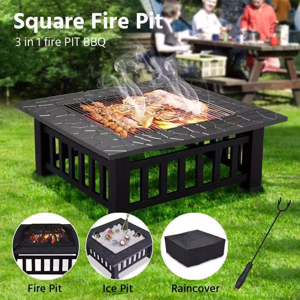 DIRECT WICKER Maxwell 31 in. W x 16 in. H Square Steel Deep Wood Burning Bowl Fire Pit with Cover