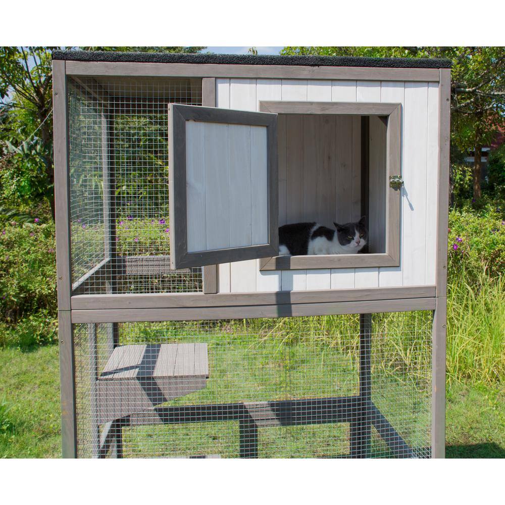 zoovilla Grey and White Cat Climber with Partially Enclosed House Area and Large Run