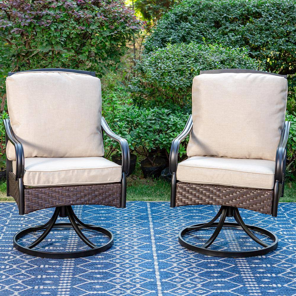 None 5-Piece Metal Patio Outdoor Dining Set with Square Wood-look Tabletop and Swivel Chairs with Beige Cushions