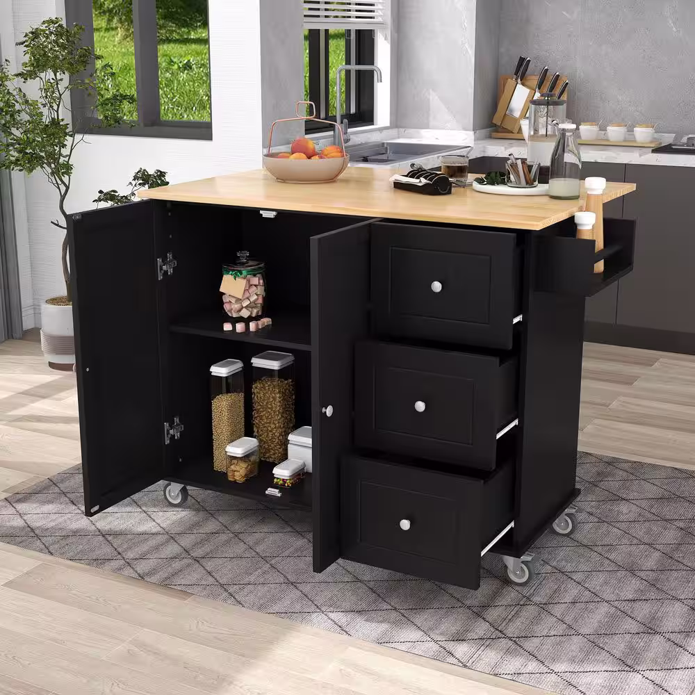 None Black Rolling Kitchen Island Cart with Rubber Wood Drop-Leaf Countertop (52 in. W)