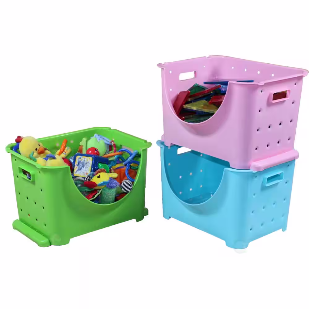 Basicwise Blue, Pink and Green Stackable Plastic Storage Containers Stacking Bins (Set of 3)