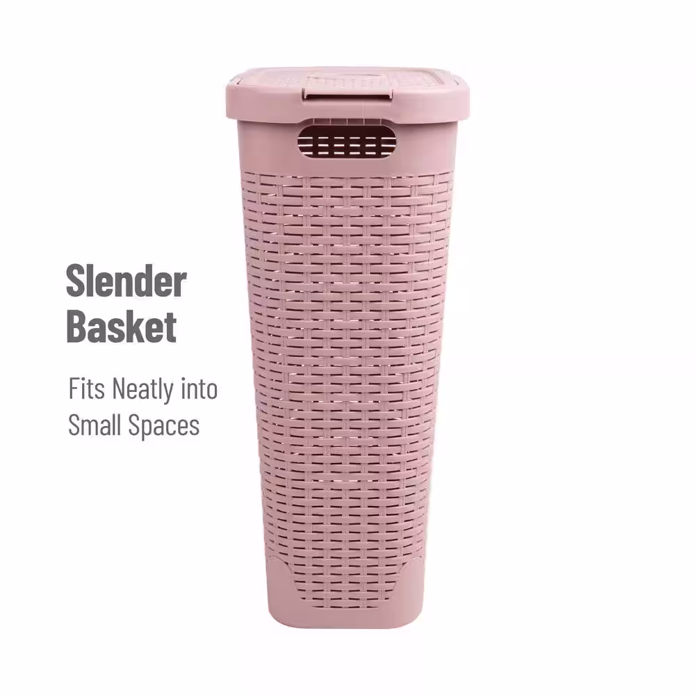 Mind Reader Basket Collection, Slim Laundry Hamper, 40 Liter (15kg/33lbs) Capacity, Cut Out Handles, Attached Hinged Lid, Pink