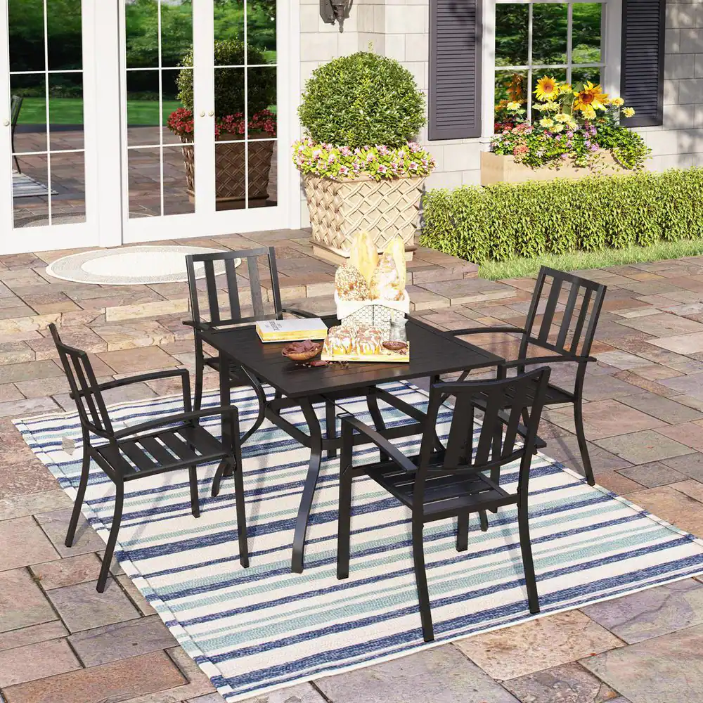 PHI VILLA Black 5-Piece Metal Outdoor Patio Dining Set with Slat Square Table and Modern Stackable Chairs