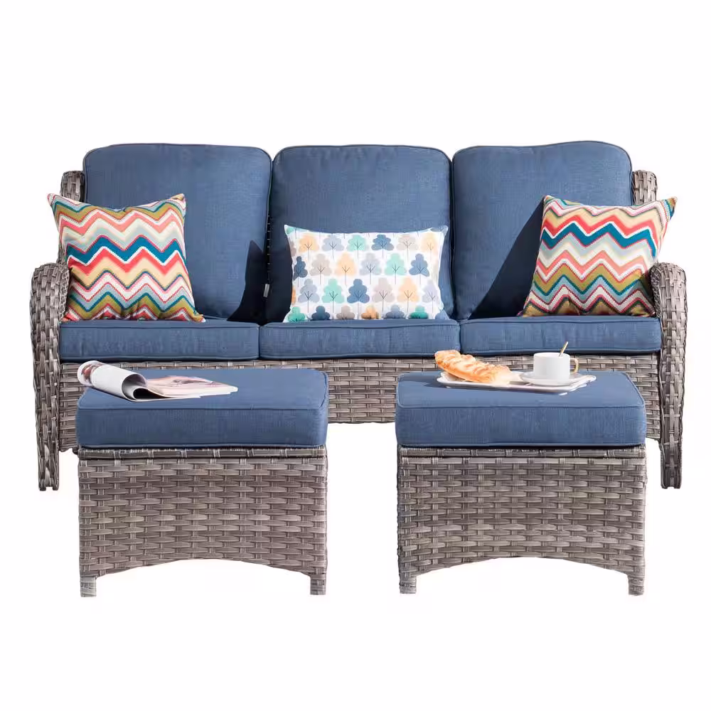 XIZZI Moonlight Gray 6-Piece Wicker Patio Conversation Seating Sofa Set with Denim Blue Cushions and Swivel Rocking Chairs