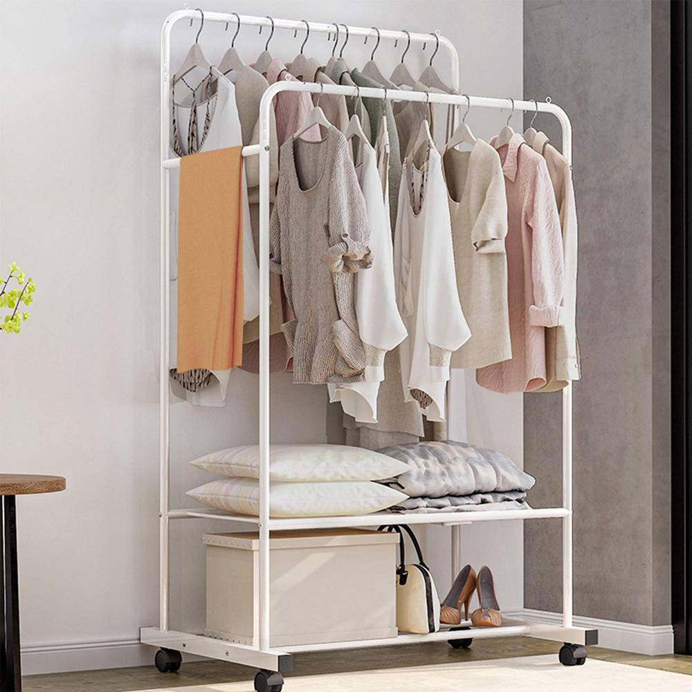 None White Metal Garment Clothes Rack Double Rods 31.5 in. W x 63 in. H